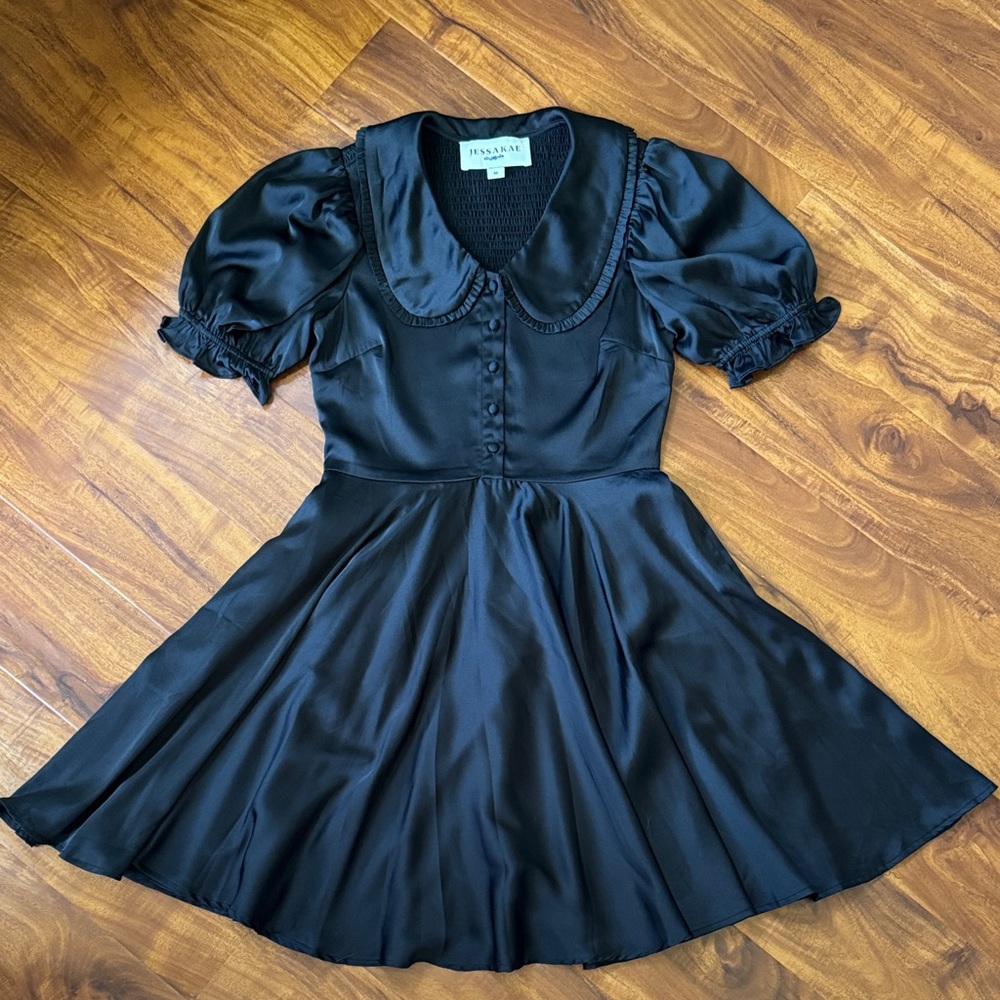 JessaKae Black Satin Puff-Sleeve Babydoll Mini Dress - With Peter Pan Collar
